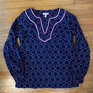 Lilly Pulitzer Navy Top Popover Tunic Long Sleeve Shirt Pink Embroidered Circles